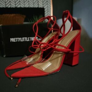 Red Block Heel Pointed Toe Sandals